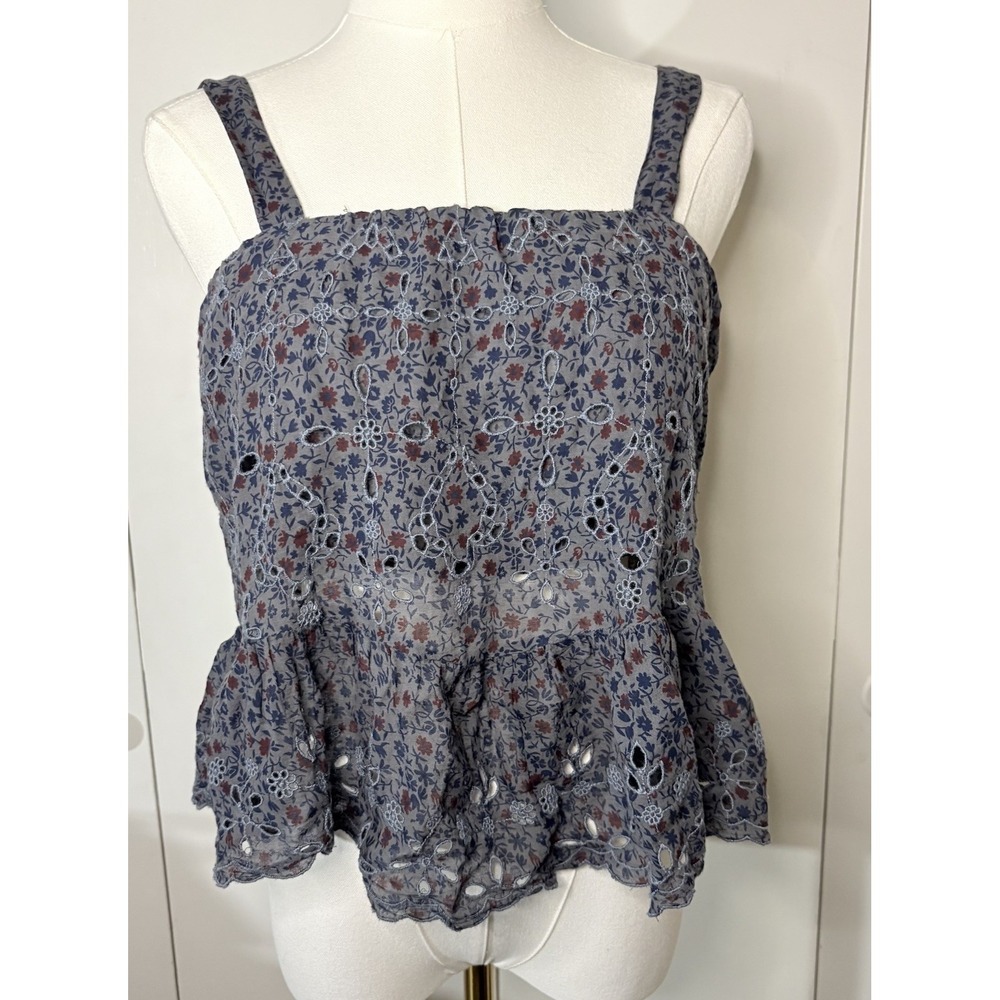 American Eagle Women's Eyelet Floral Babydoll Crop Tank Top Gray Blue Small Y2K